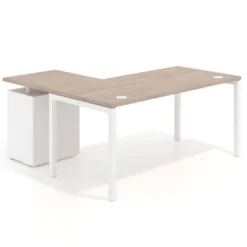 Mesa de oficina en L con cajones Kube fondo 80, ala corta, frontales melamina, estructura blanca
