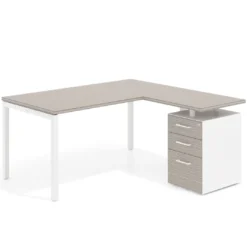 Mesa de oficina en L con cajones Kube fondo 80, ala corta, frontales melamina, estructura blanca