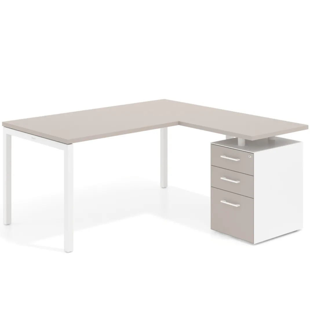 Mesa de oficina en L con cajones Kube fondo 80, ala corta, frontales melamina, estructura blanca