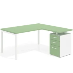 Mesa de oficina en L con cajones Kube fondo 80, ala corta, frontales melamina, estructura blanca