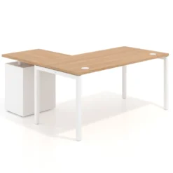 Mesa de oficina en L con cajones Kube fondo 80, ala corta, frontales metal, estructura blanca
