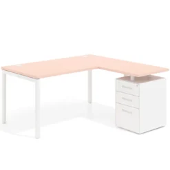 Mesa de oficina en L con cajones Kube fondo 80, ala corta, frontales metal, estructura blanca