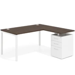 Mesa de oficina en L con cajones Kube fondo 80, ala corta, frontales metal, estructura blanca
