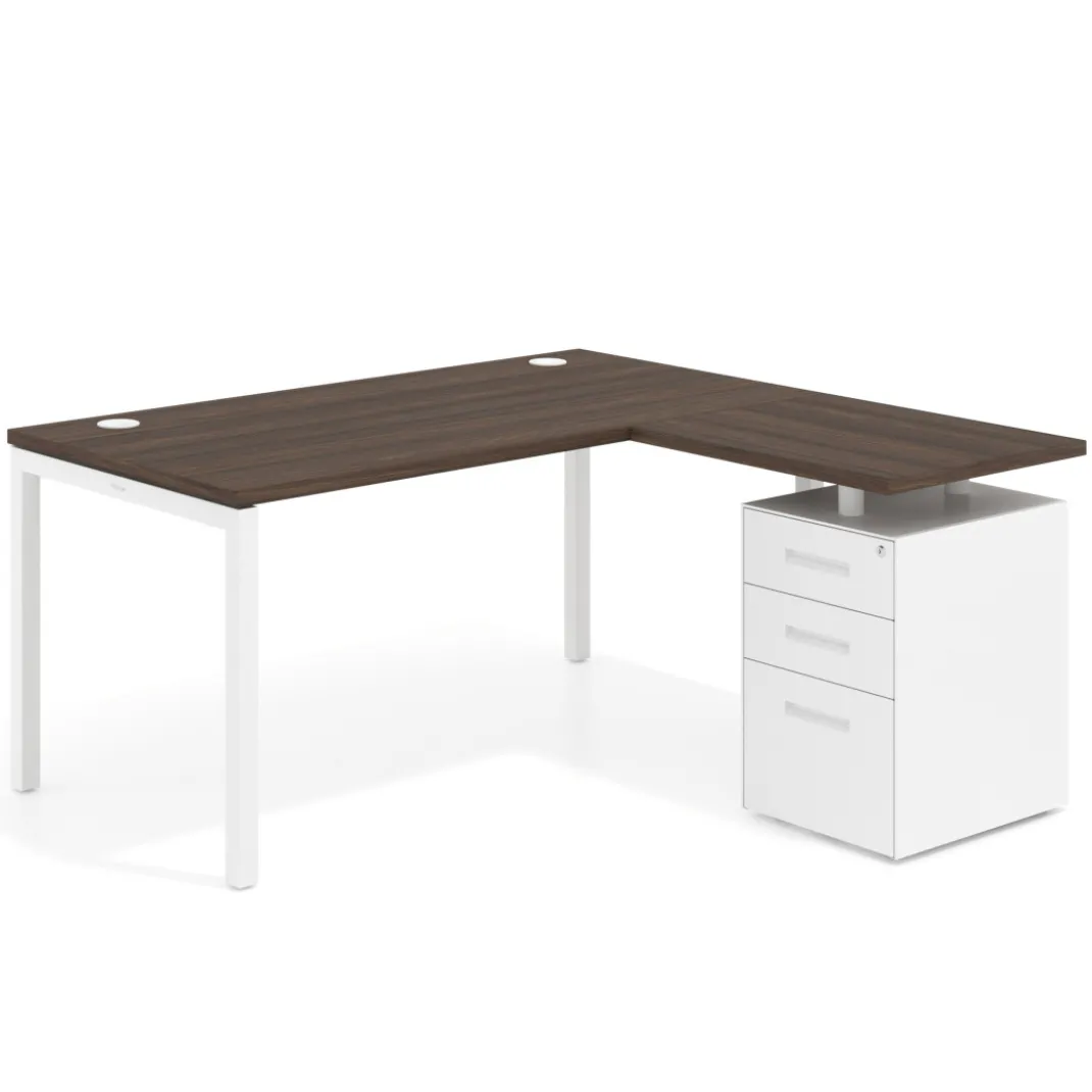 Mesa de oficina en L con cajones Kube fondo 80, ala corta, frontales metal, estructura blanca