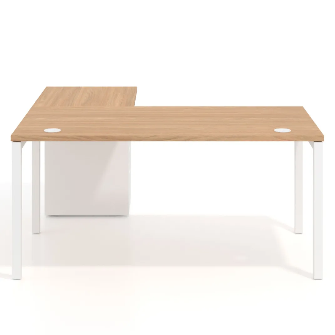 Mesa de oficina en L con cajones Kube fondo 80, ala corta, frontales metal, estructura blanca