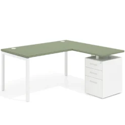 Mesa de oficina en L con cajones Kube fondo 80, ala corta, frontales metal, estructura blanca