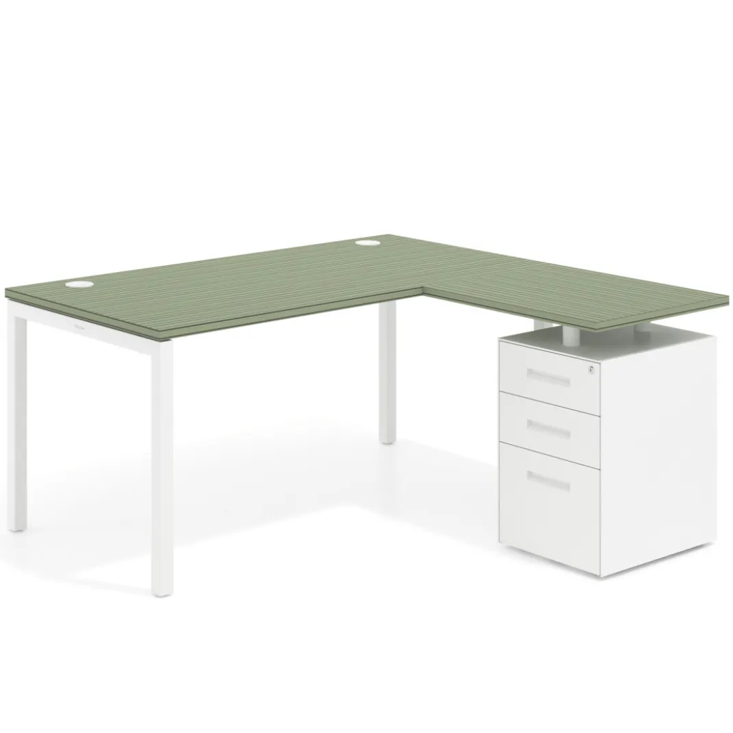 Mesa de oficina en L con cajones Kube fondo 80, ala corta, frontales metal, estructura blanca