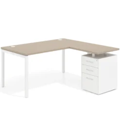 Mesa de oficina en L con cajones Kube fondo 80, ala corta, frontales metal, estructura blanca