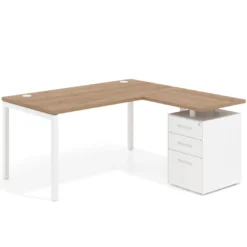 Mesa de oficina en L con cajones Kube fondo 80, ala corta, frontales metal, estructura blanca