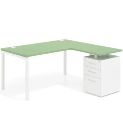 Mesa de oficina en L con cajones Kube fondo 80, ala corta, frontales metal, estructura blanca