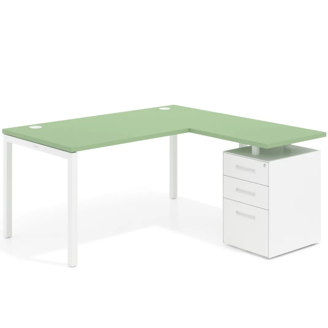 Mesa de oficina en L con cajones Kube fondo 80, ala corta, frontales metal, estructura blanca