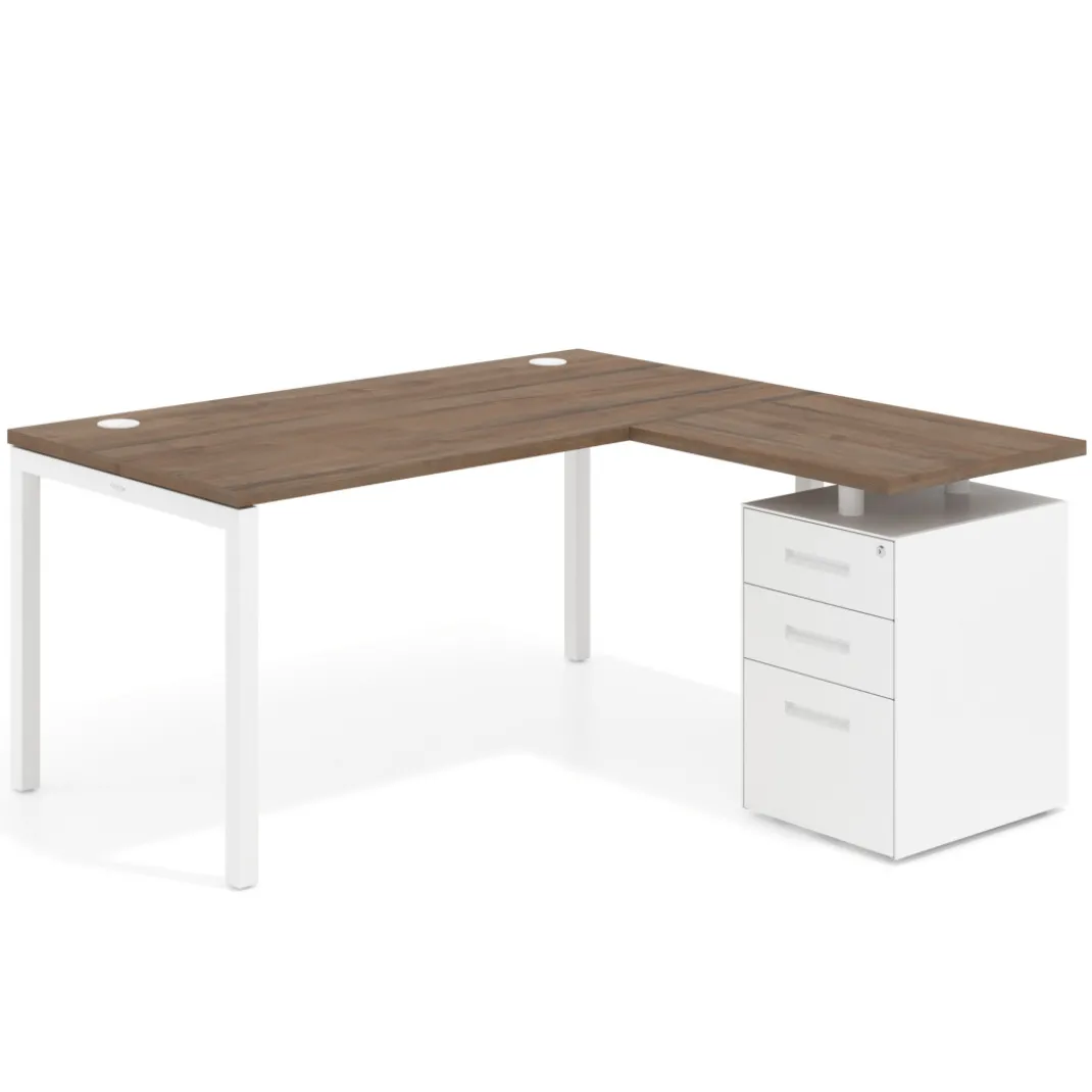 Mesa de oficina en L con cajones Kube fondo 80, ala corta, frontales metal, estructura blanca