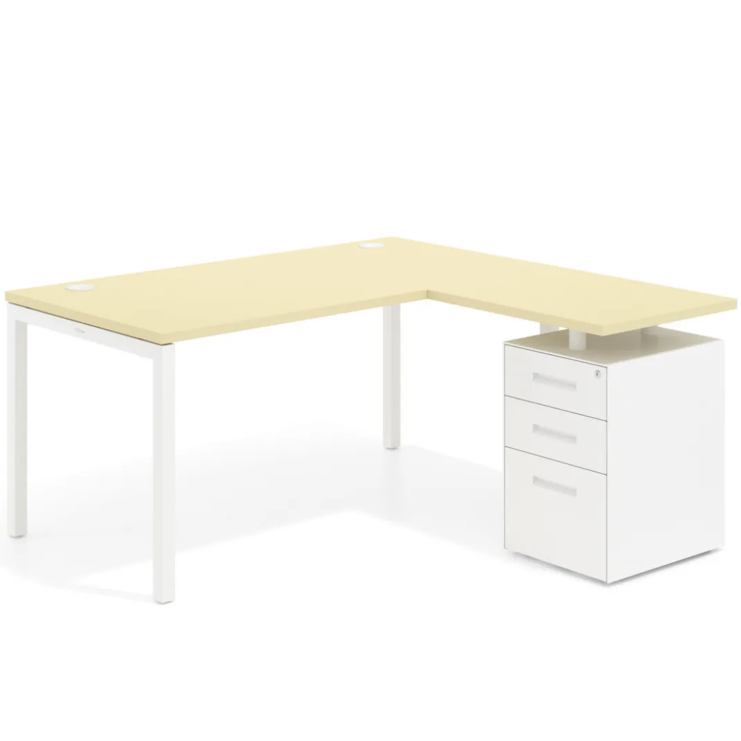 Mesa de oficina en L con cajones Kube fondo 80, ala corta, frontales metal, estructura blanca