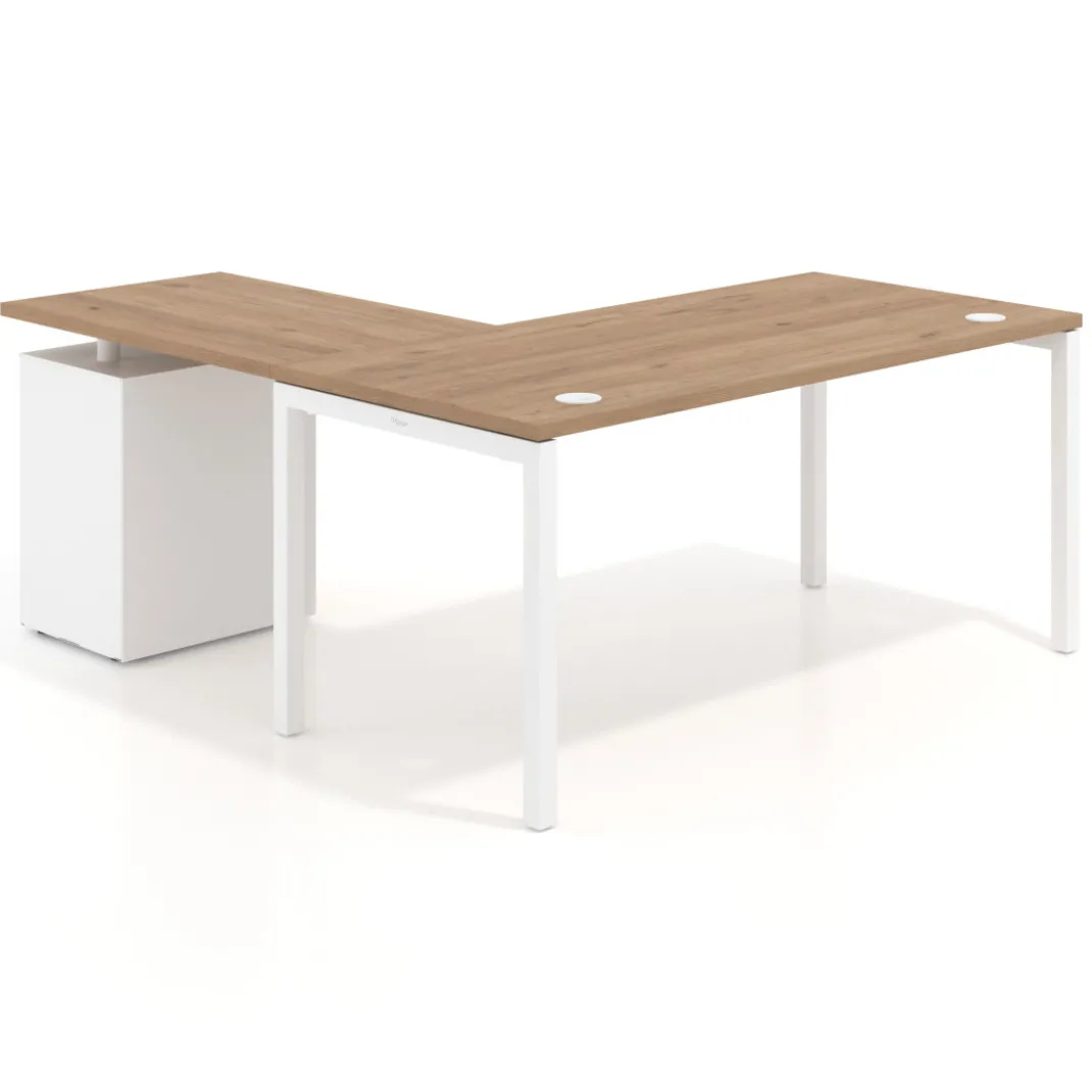 Mesa de oficina en L con cajones Kube fondo 80, frontales melamina, estructura blanca