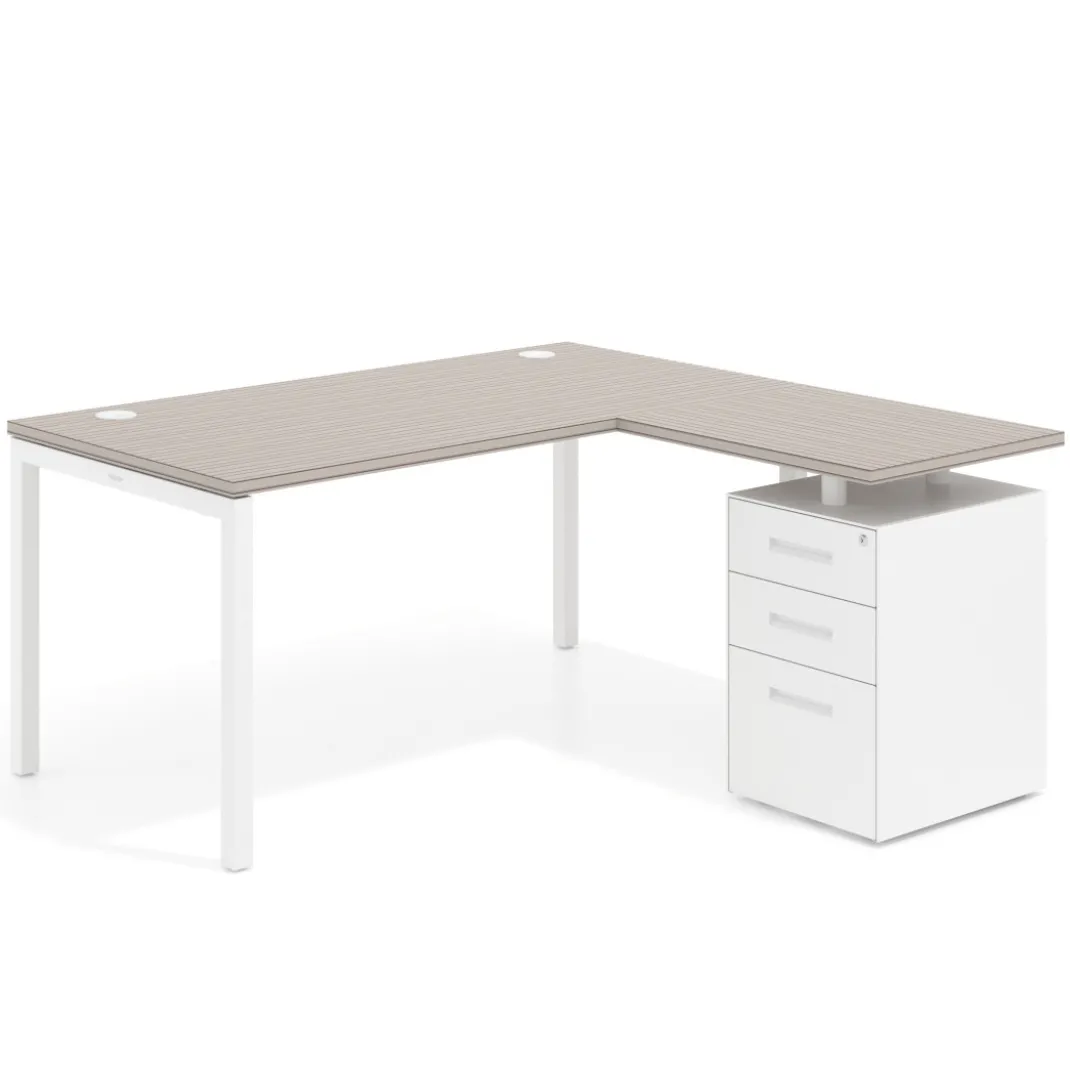 Mesa de oficina en L con cajones Kube fondo 80, ala corta, frontales metal, estructura blanca