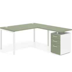 Mesa de oficina en L con cajones Kube fondo 80, frontales melamina, estructura blanca