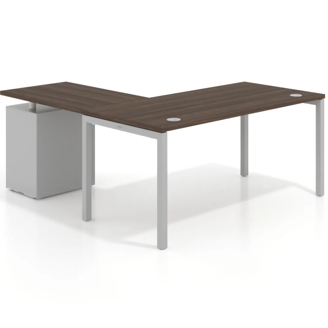 Mesa de oficina en L con cajones Kube fondo 80, frontales melamina, estructura aluminio