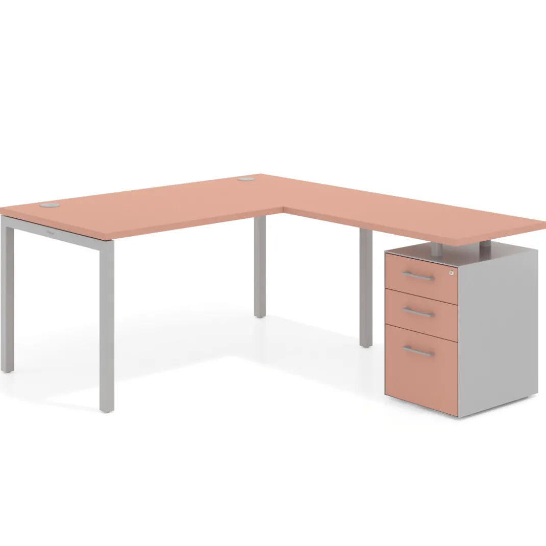 Mesa de oficina en L con cajones Kube fondo 80, frontales melamina, estructura aluminio