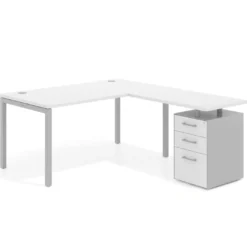 Mesa de oficina en L con cajones Kube fondo 80, frontales melamina, estructura aluminio