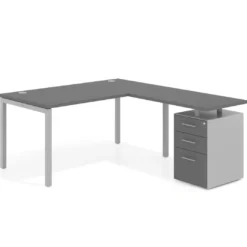 Mesa de oficina en L con cajones Kube fondo 80, frontales melamina, estructura aluminio
