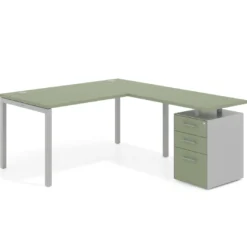 Mesa de oficina en L con cajones Kube fondo 80, frontales melamina, estructura aluminio