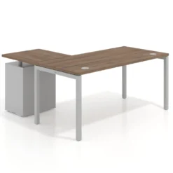 Mesa de oficina en L con cajones Kube fondo 80, ala corta, frontales melamina, estructura aluminio