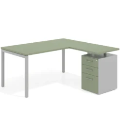 Mesa de oficina en L con cajones Kube fondo 80, ala corta, frontales melamina, estructura aluminio