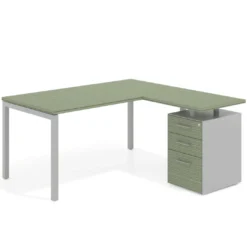 Mesa de oficina en L con cajones Kube fondo 80, ala corta, frontales melamina, estructura aluminio