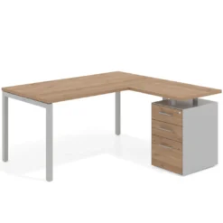 Mesa de oficina en L con cajones Kube fondo 80, ala corta, frontales melamina, estructura aluminio