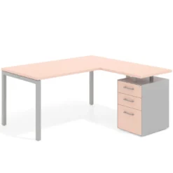 Mesa de oficina en L con cajones Kube fondo 80, ala corta, frontales melamina, estructura aluminio