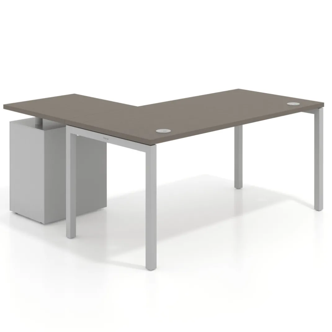 Mesa de oficina en L con cajones Kube fondo 80, ala corta, frontales metal, estructura aluminio