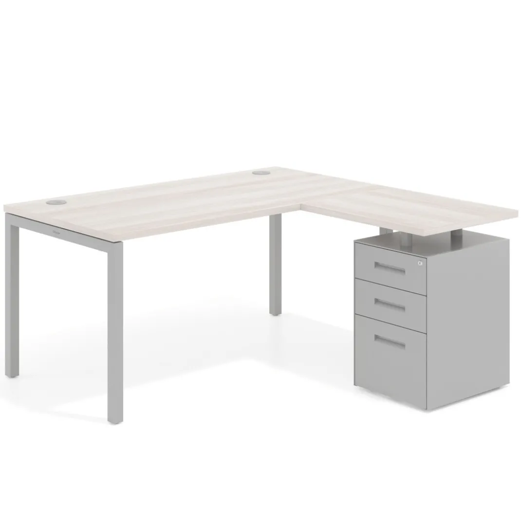 Mesa de oficina en L con cajones Kube fondo 80, ala corta, frontales metal, estructura aluminio