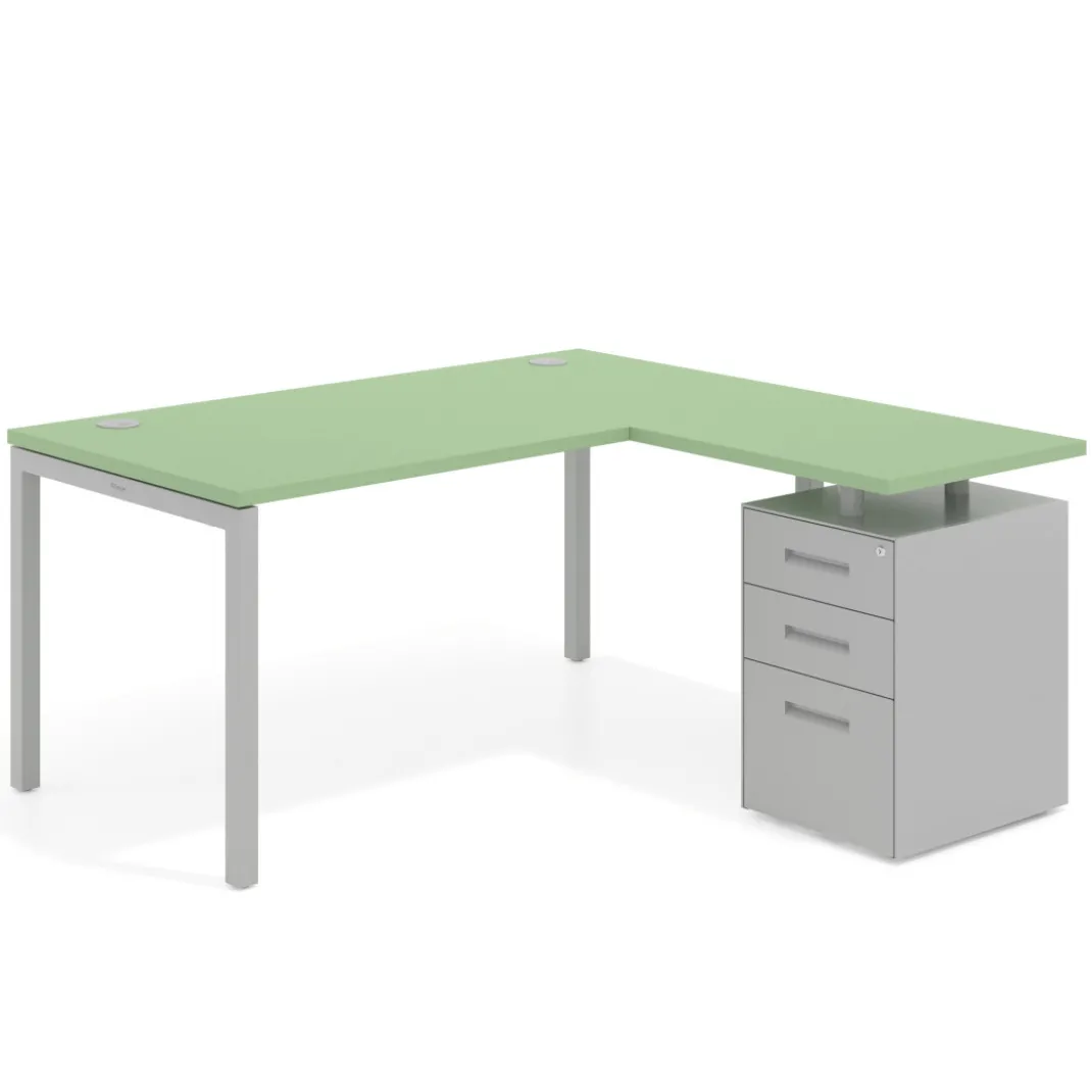 Mesa de oficina en L con cajones Kube fondo 80, ala corta, frontales metal, estructura aluminio