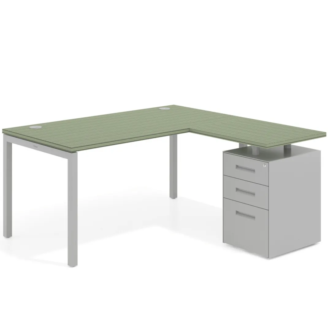 Mesa de oficina en L con cajones Kube fondo 80, ala corta, frontales metal, estructura aluminio
