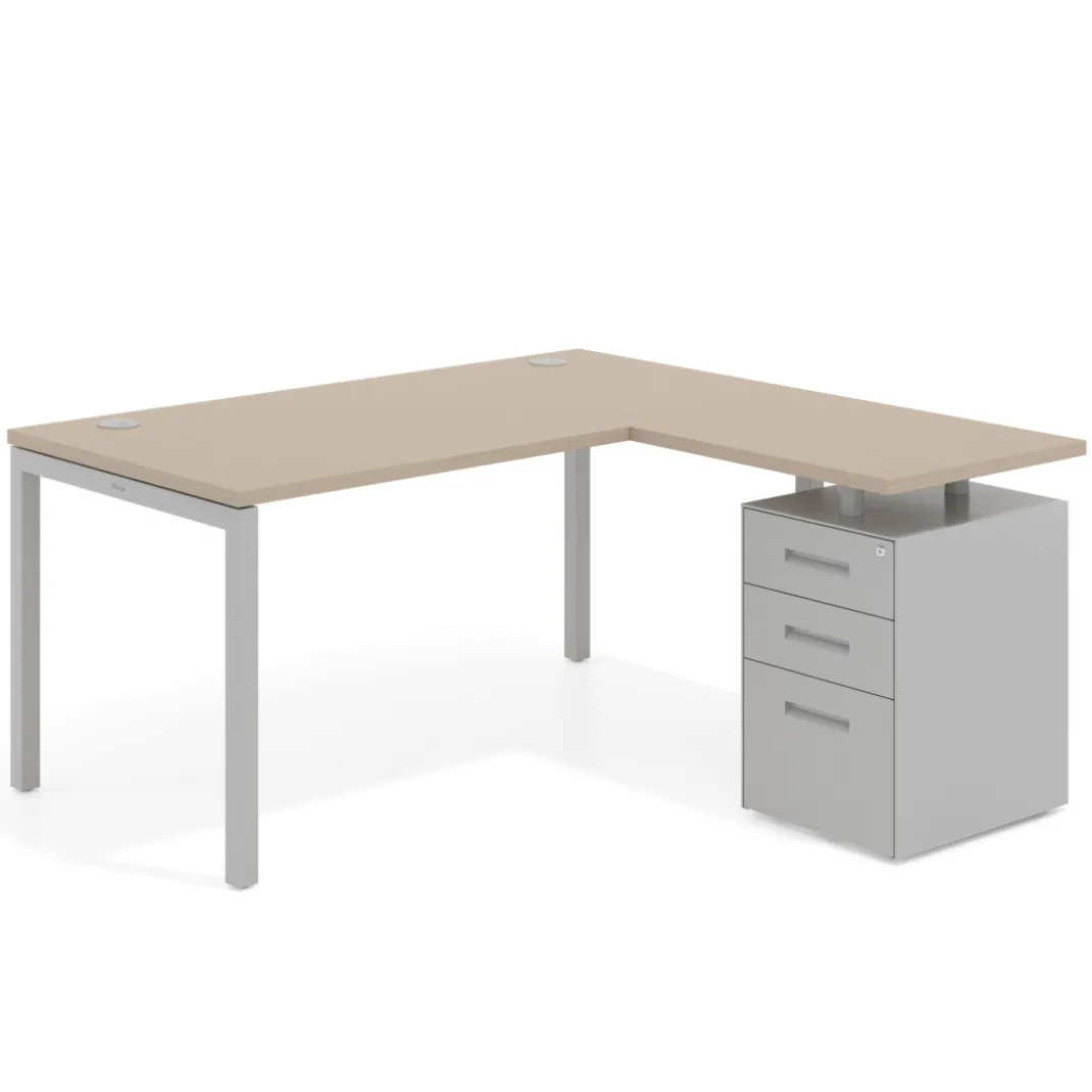 Mesa de oficina en L con cajones Kube fondo 80, ala corta, frontales metal, estructura aluminio