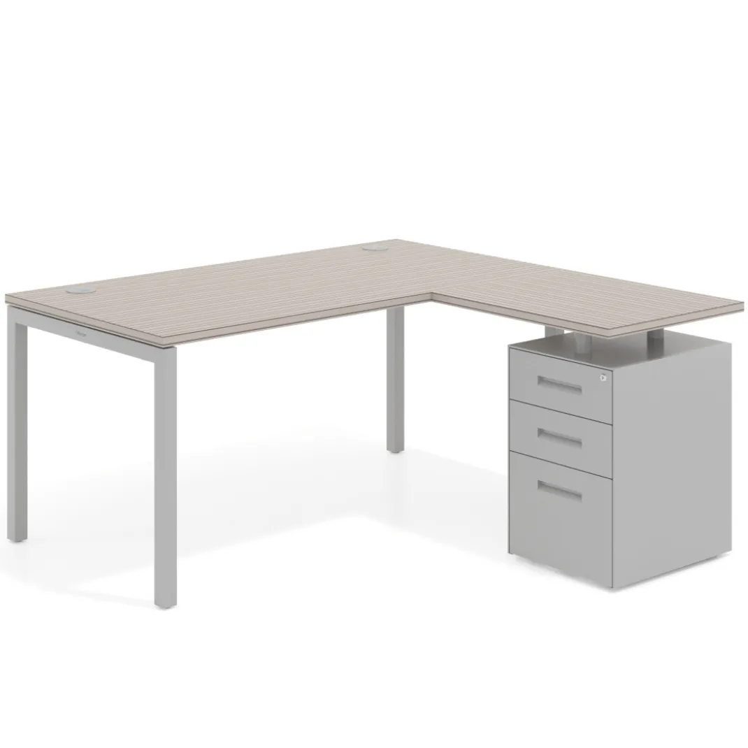 Mesa de oficina en L con cajones Kube fondo 80, ala corta, frontales metal, estructura aluminio