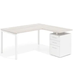 Mesa de oficina en L con cajones Kube fondo 80, ala corta, frontales metal, estructura blanca