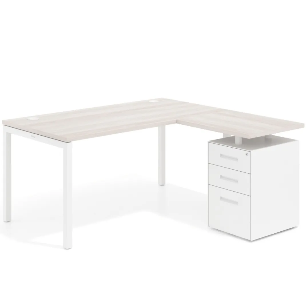 Mesa de oficina en L con cajones Kube fondo 80, ala corta, frontales metal, estructura blanca