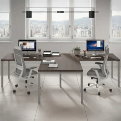 Mesa de oficina progresiva doble con ala extensión Kube, estructura aluminio