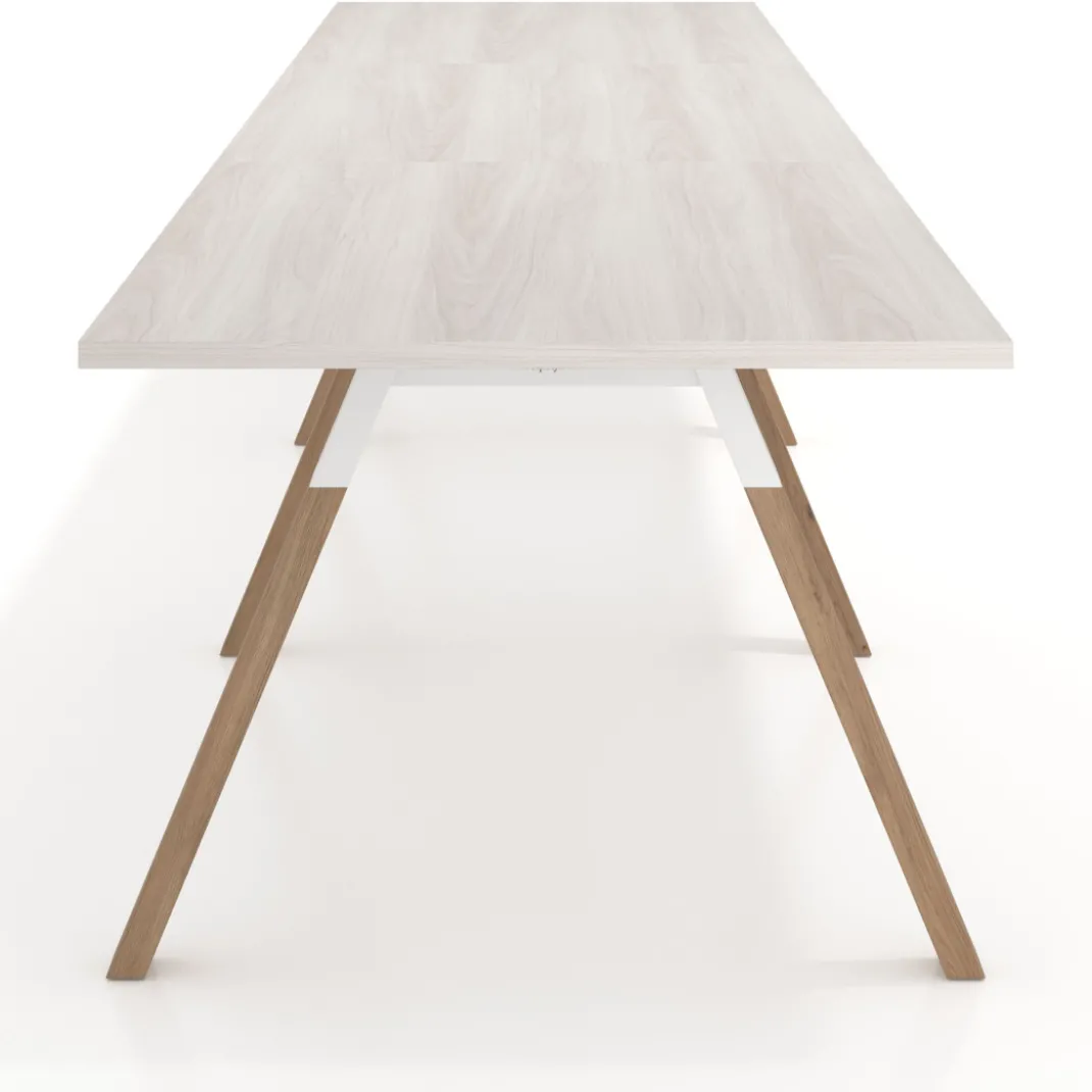 Mesa de oficina progresiva UvePro triple, fondo 100cm, estructura blanca, patas de madera