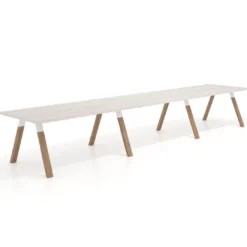 Mesa de oficina progresiva UvePro triple, fondo 100cm, estructura blanca, patas de madera