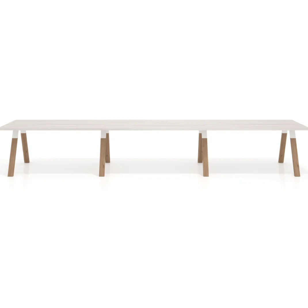 Mesa de oficina progresiva UvePro triple, fondo 100cm, estructura blanca, patas de madera