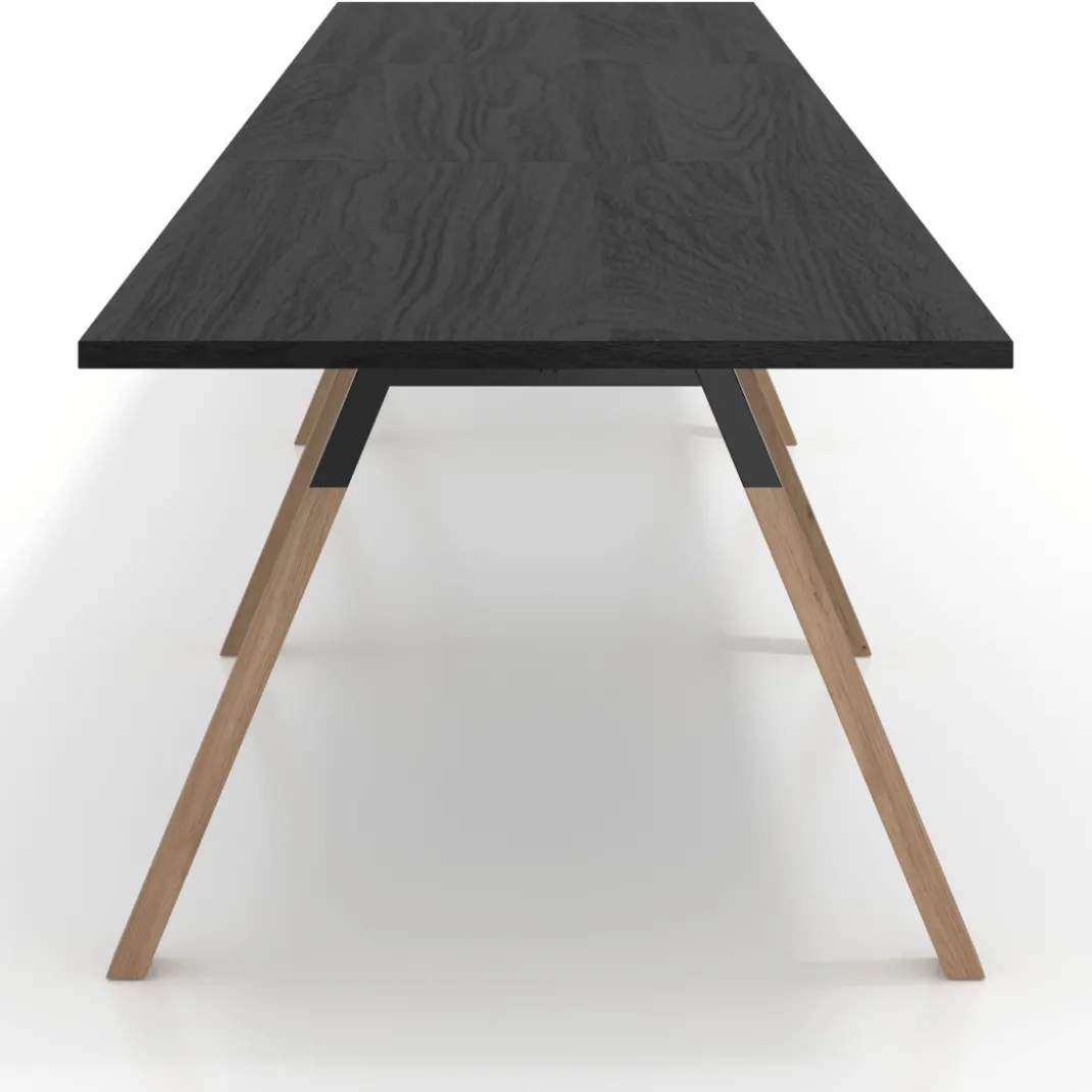 Mesa de oficina progresiva UvePro triple, fondo 100cm, estructura negra, patas de madera