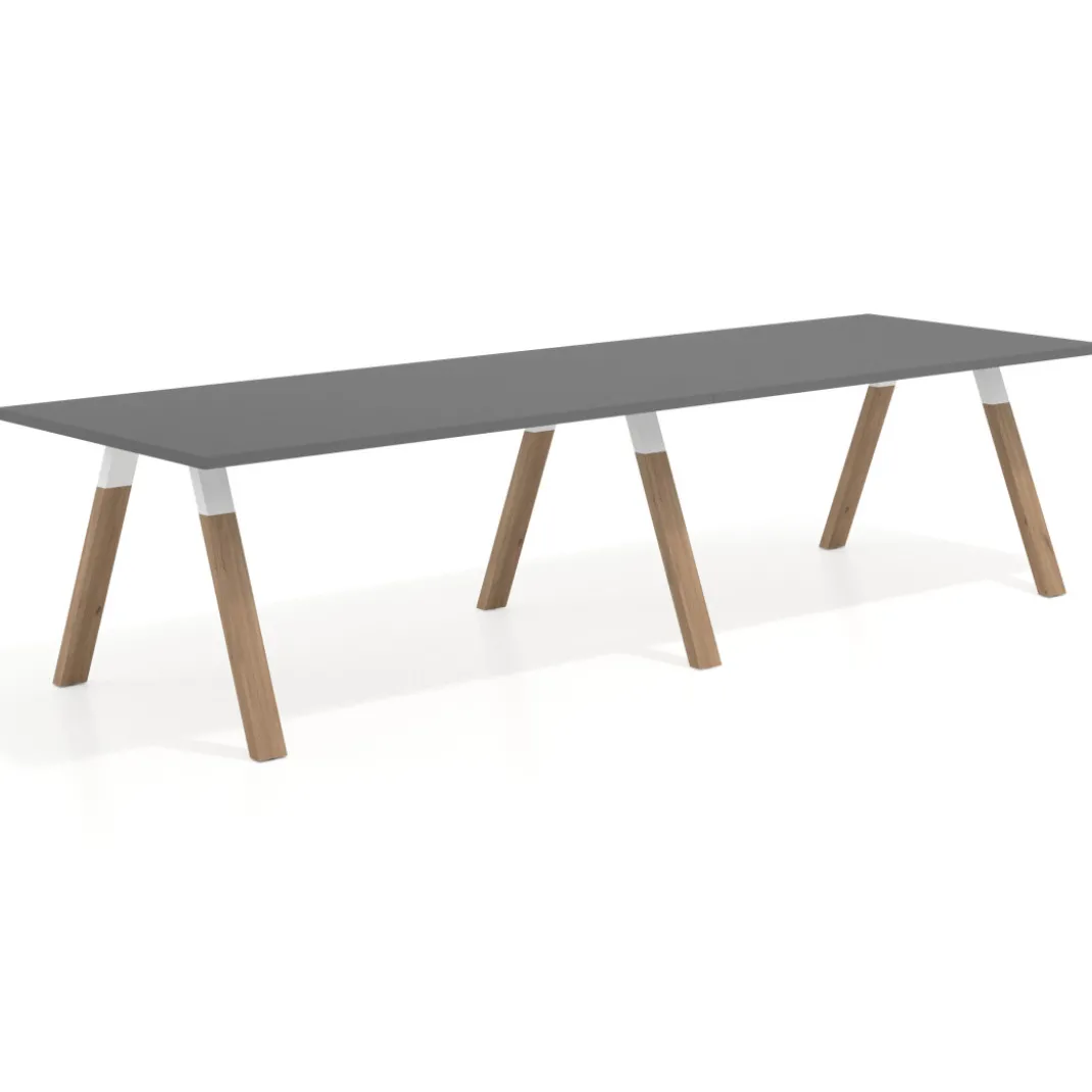 Mesa de oficina progresiva UvePro doble, fondo 100cm, estructura blanca, patas de madera