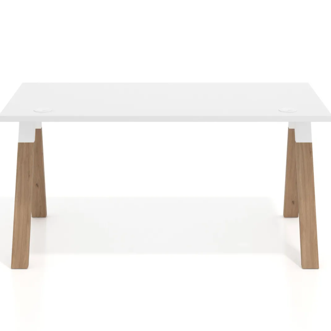 Mesa de oficina UvePro fondo 80cm, estructura blanca con patas de madera