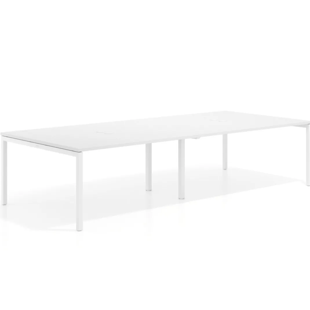 Mesa de reuniones doble Kube, encimera continua, fondo 142 cm, estructura blanca