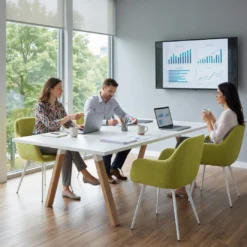 Mesa de reuniones rectangular UvePro fondo 126, patas interior, estructura blanca/madera