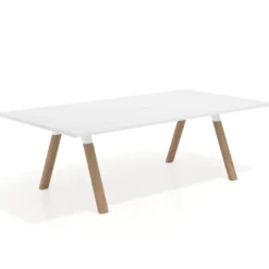 Mesa de reuniones rectangular UvePro fondo 126, patas interior, estructura blanca/madera