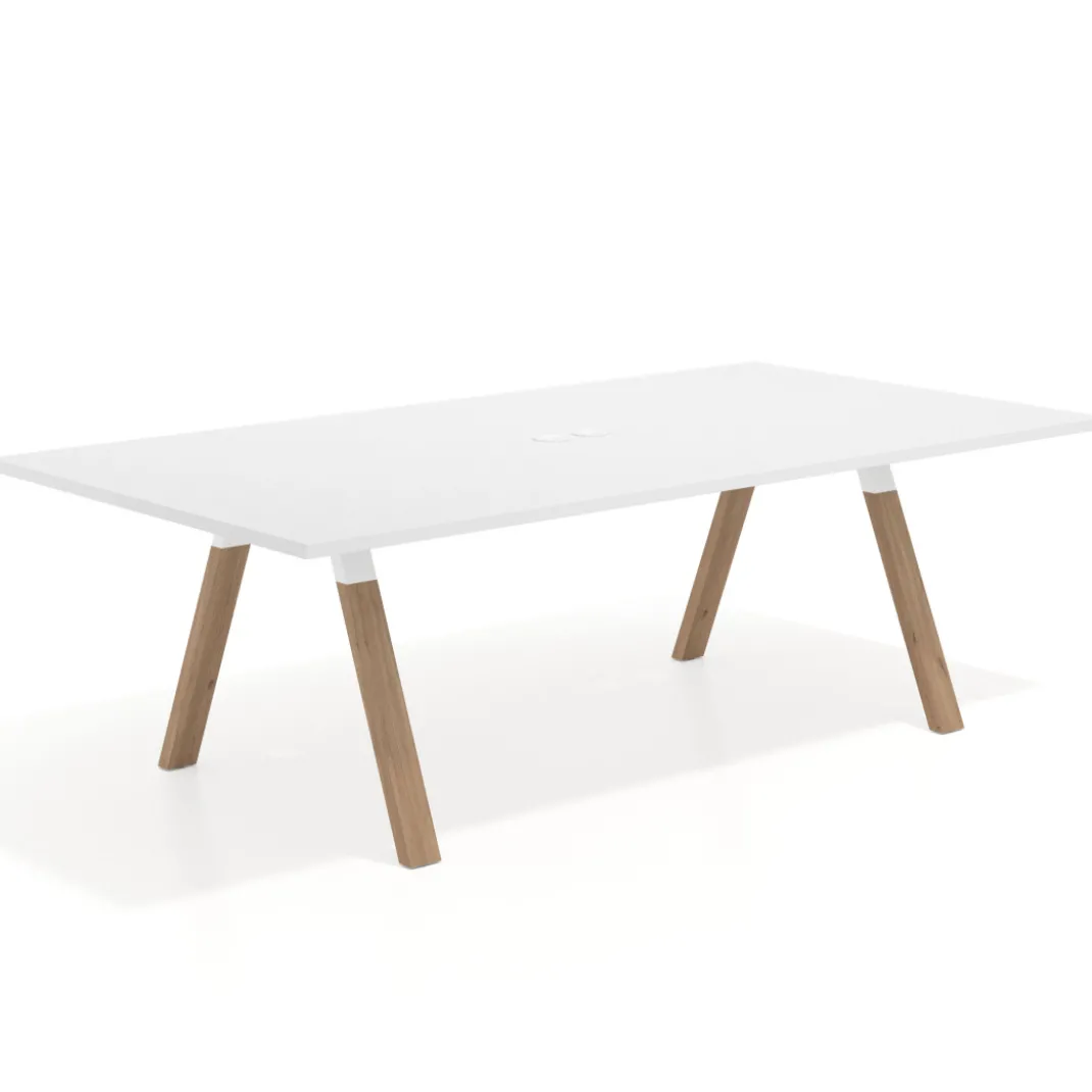 Mesa de reuniones rectangular UvePro fondo 126, patas interior, estructura blanca/madera