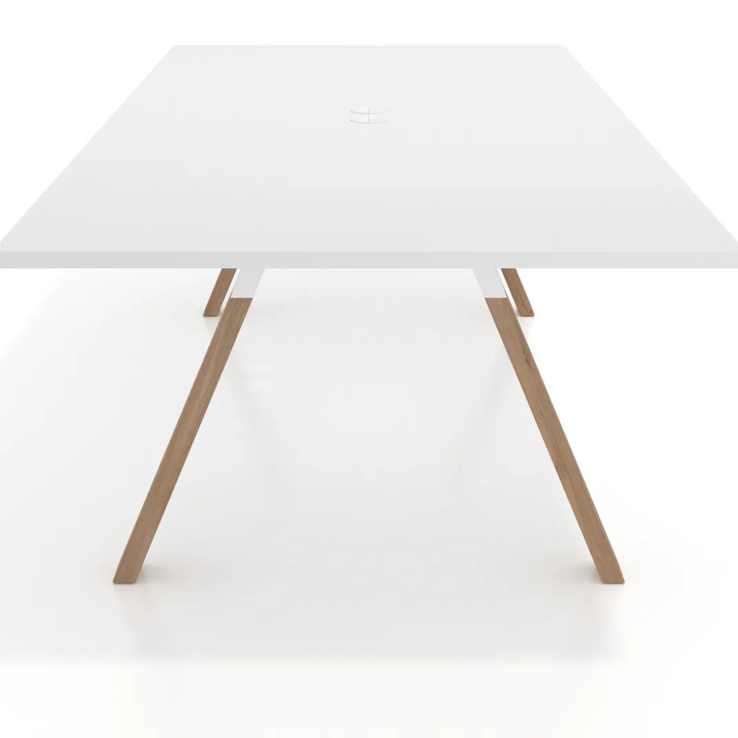 Mesa de reuniones rectangular UvePro fondo 126, patas interior, estructura blanca/madera